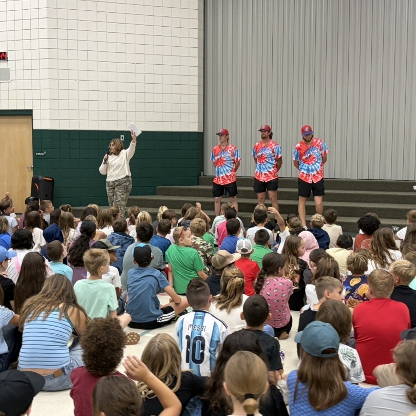 Ogden Raptor team members being introduced to Majestic 4-6 graders