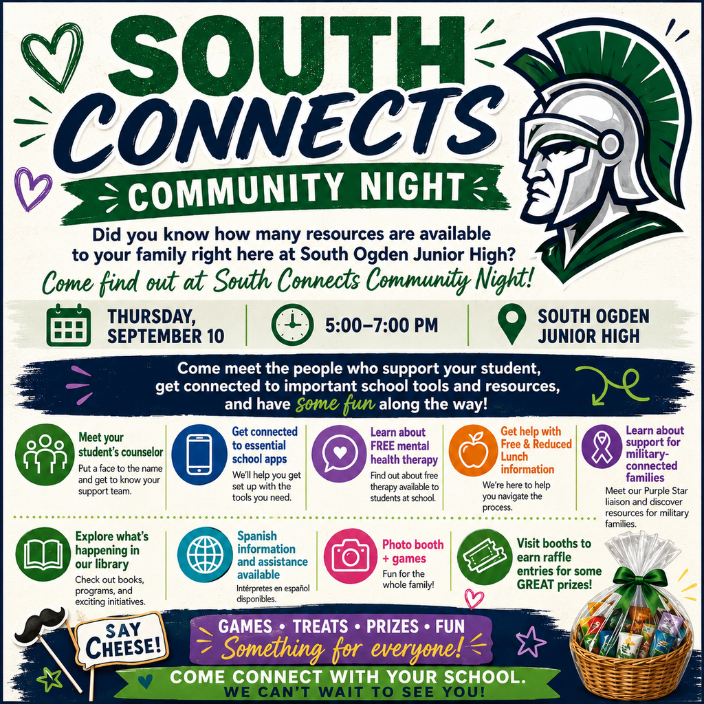 Square promotional graphic for South Connects Community Night at South Ogden Junior High on Thursday, September 10, from 5:00–7:00 PM. The event invites families to connect with school resources, including counselors, essential school apps, free student mental health therapy, Free and Reduced Lunch assistance, military-family support, library programs, and Spanish-language assistance. The graphic also highlights a photo booth, games, treats, raffle entries, and prizes.