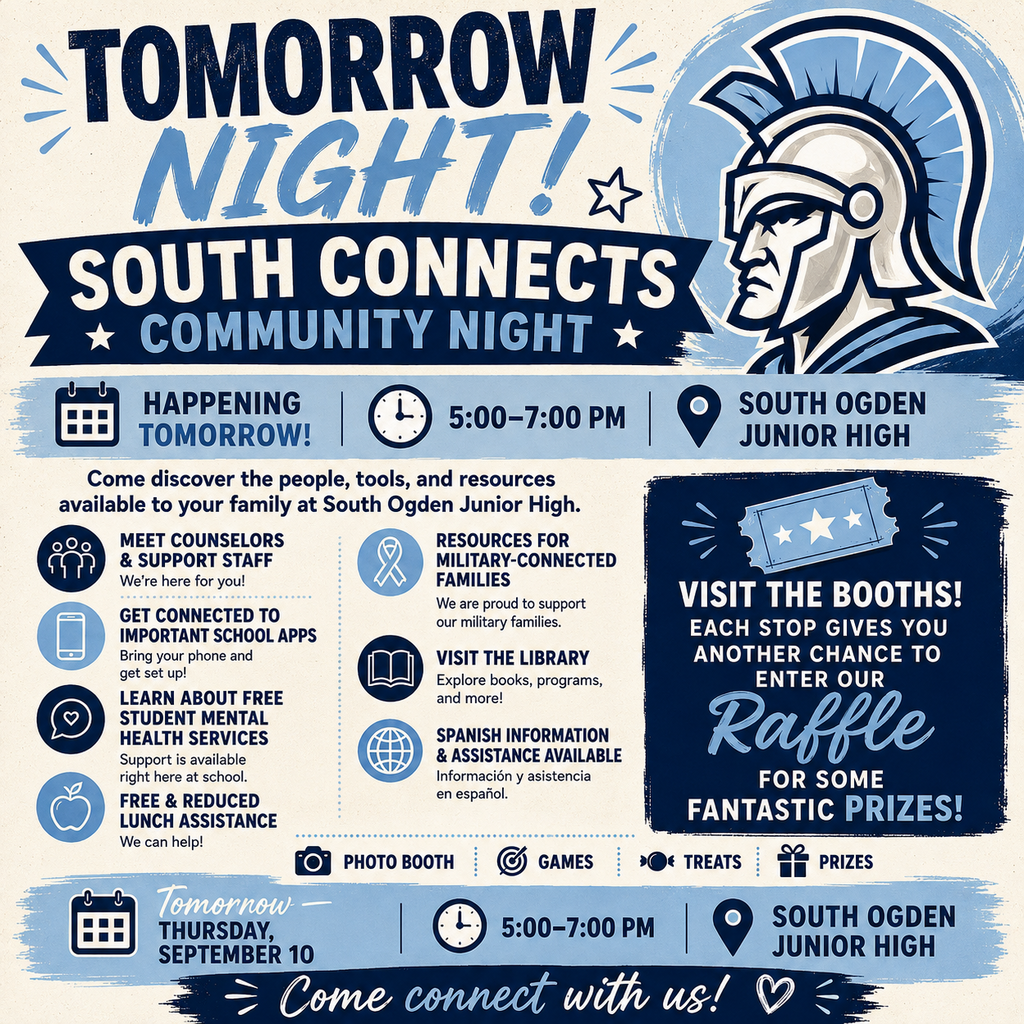 Square navy blue, light blue, and cream promotional graphic for South Connects Community Night at South Ogden Junior High. The event is happening tomorrow, Thursday, September 10, from 5:00–7:00 PM. Families are invited to meet counselors and support staff, get help with school apps, learn about free student mental health services, Free and Reduced Lunch assistance, military-family resources, library programs, and Spanish-language assistance. The event also includes a photo booth, games, treats, raffle entries, and prizes.