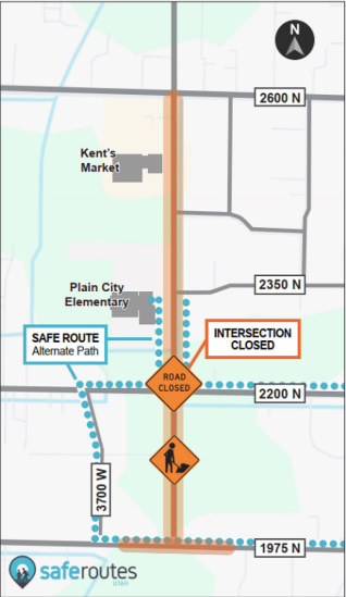 Map showing construction road closures and safe walking routes around Plain City Elementary. The intersection of 3600 W and 2200 N is marked as closed to traffic with orange construction signs. The vehicular detour runs along 3600 W up to 2600 N near Kent's Market. Blue dotted lines illustrate safe student walking paths: students from 1975 N travel north on 3700 W, cross 2200 N on the west side, and proceed north to the school; students from the east side of 2200 N cross on the east side of the intersection and walk north to school along the east side of the road.