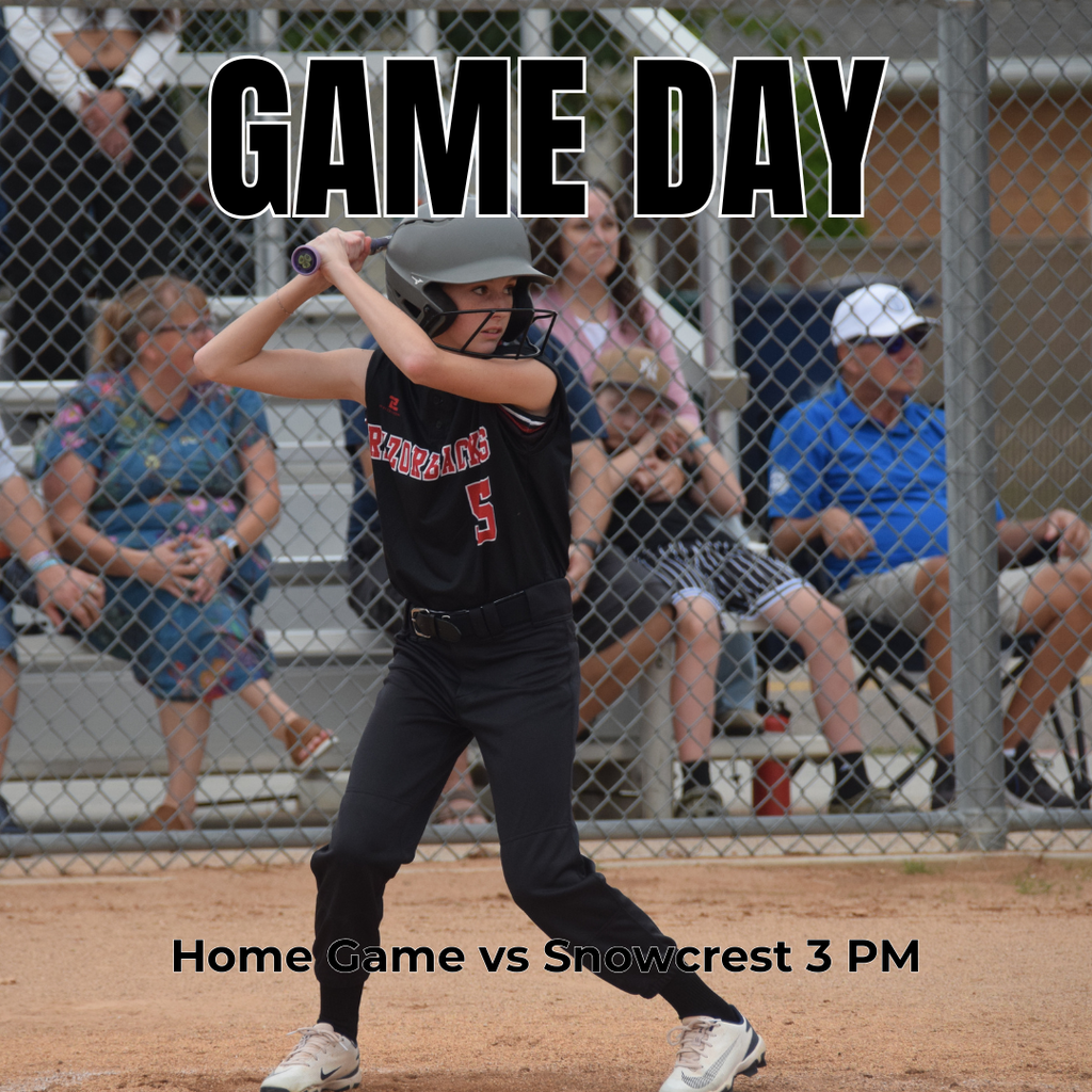 photograph of Roy Jr Softball player preparing to swing during a game. "Game Day. Home game vs Snowcrest 3pm"