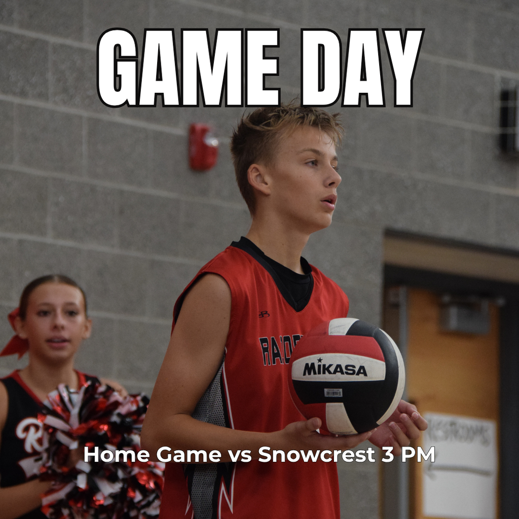 photograph of a roy jr volleyball player getting ready to serve a ball in a game. "Game Day. Home game vs Snowcrest. 3 pm"