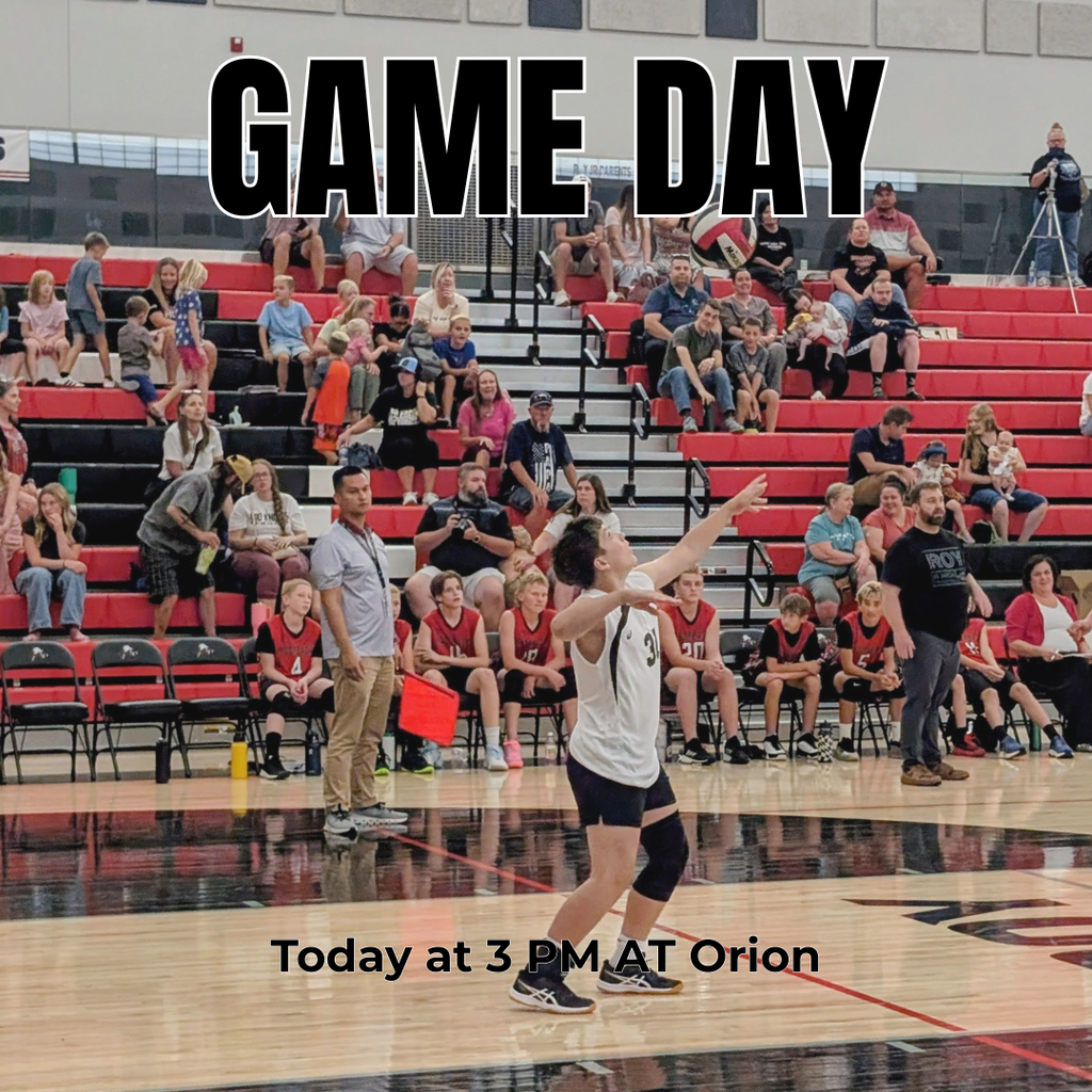 photograph of a roy jr volleyball player serving a ball in a game. "Game Day. Today at 3pm at Orion. "