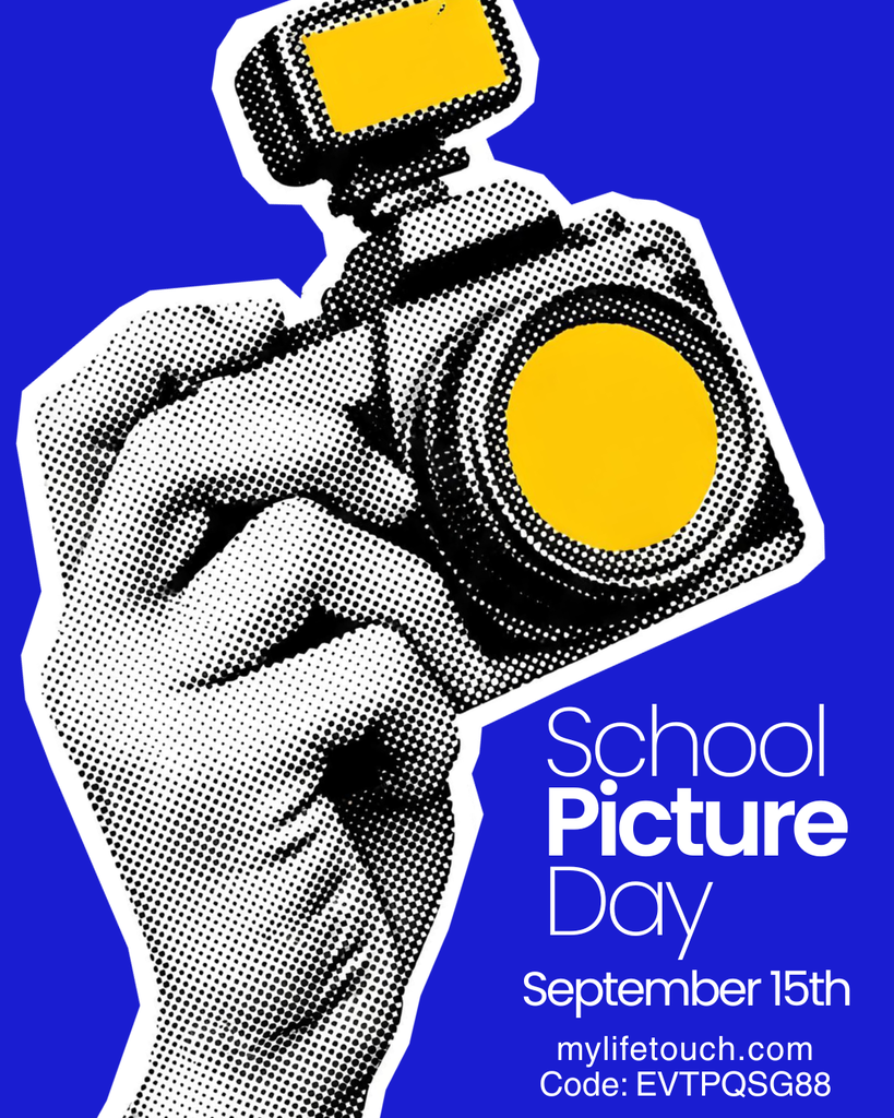 Graphic featuring a halftone black-and-white illustration of a hand holding a vintage camera with a yellow flash attachment and yellow lens against a solid blue background.  The white text on the bottom right reads:  Header: School Picture Day  Date: September 15th  Website: mylifetouch.com  Code: EVTPQSG88