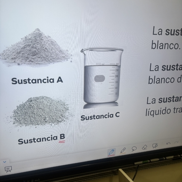 substantial A B and C with picture of a beaker and 2 piled of powder.