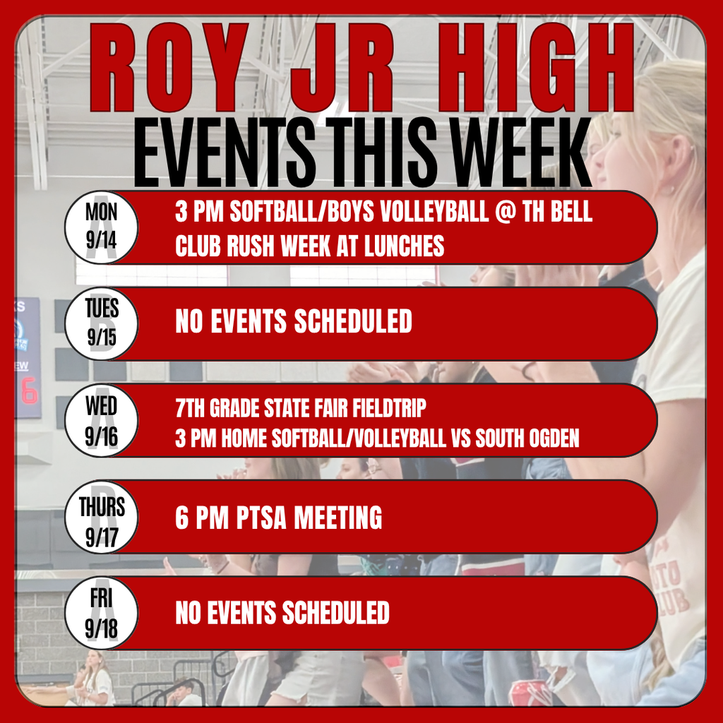 Infographic with info for this weeks events. "Events this week Mon 9/14 3 Pm Softball/Boys Volleyball @ TH BELL Club Rush all week at lunches Tues 9/15 No Events Scheduled wed 9/16 7th Grade State Fair Fieldtrip 3 PM Home Softball/Volleyball vs South Ogden Thurs 9/17 Talk like a pirate day! Join in at lunch! 6 pm PTSA Meeting Friday 9/18 No Events Scheduled