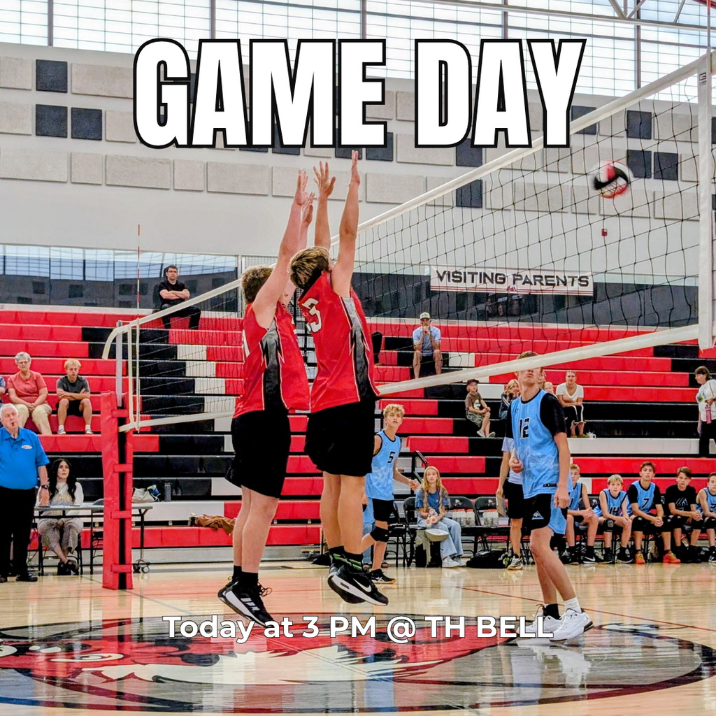 Photograph of Roy Jr Volleyball players making a block in a game. "GAME DAY. Today at 3 PM @ TH bell