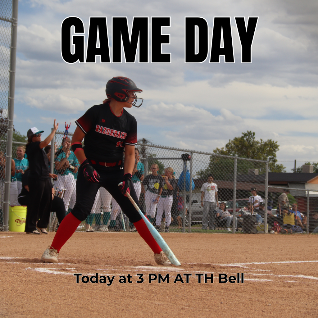 photograph of a Roy Jr Softball Player getting ready to hit in a fame. "GAME DAY today at 3pm at TH Bell"
