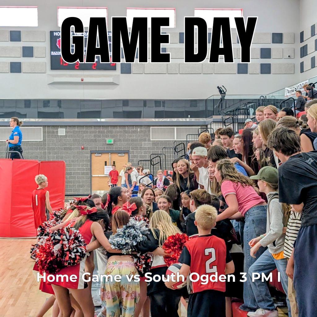 Photograph of Roy Jr students and cheerleaders cheering at a Volleyball game. "Game DAy home game vs South ogden at 3pm"