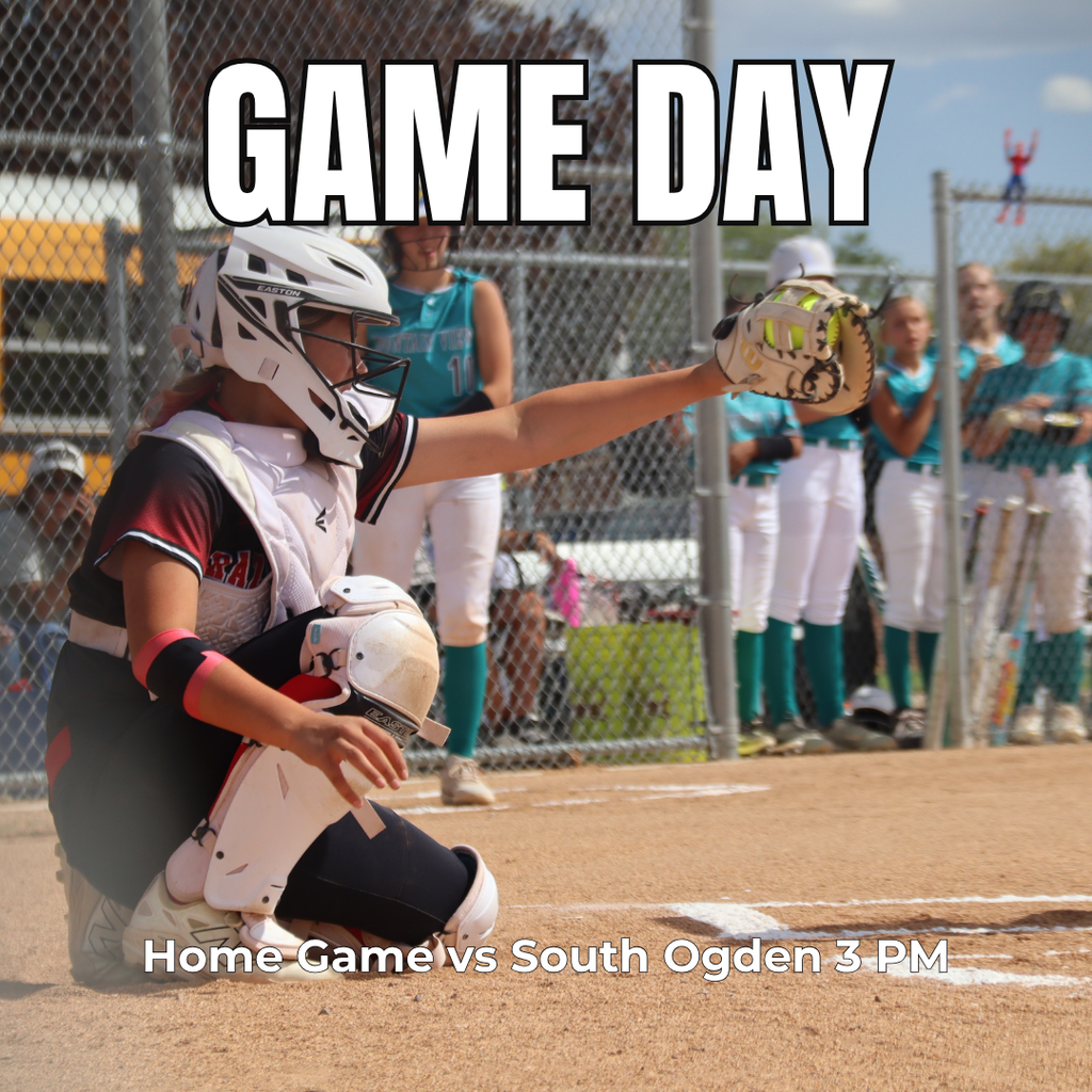 photograph of Roy Jr softball catcher making a catch during a  game. "Game Day. Home game vs South Ogden 3pm"