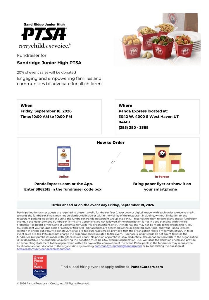 Panda Express Night for Sand Ridge PTSA Friday September 18th