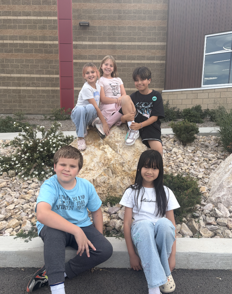 5 students sitting around a rock and posing