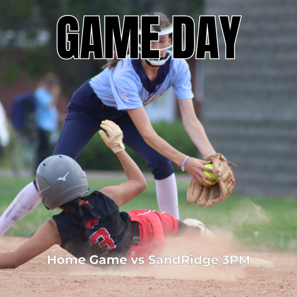 Photograph of Roy Jr Softball player sliding during a game. "Game Day. Home game cv /sand ridge 3 pm
