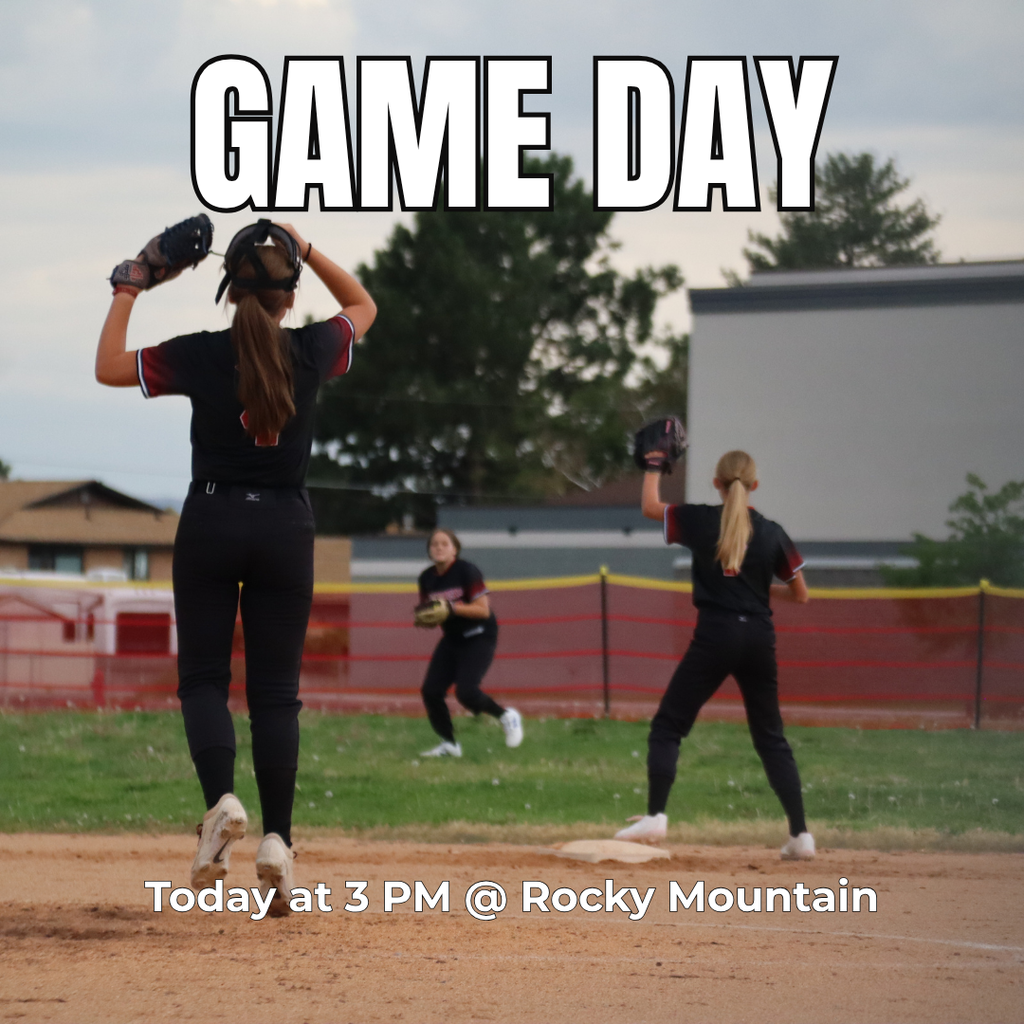Photograph of Roy Jr High Softball  outfielders in a game. "Game Day. Today at 3pm at Rocky Mountain"