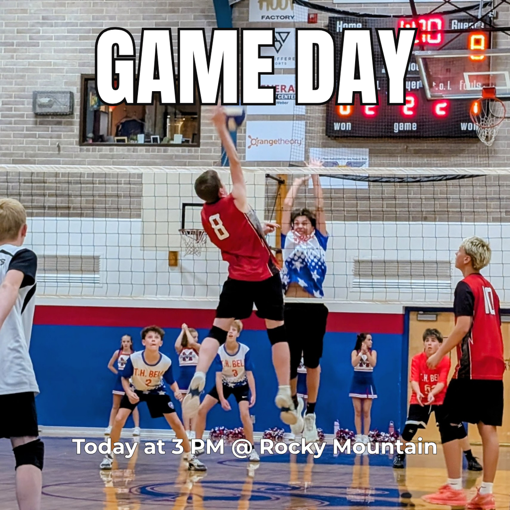 photograph of roy jr volleyball player spiking the ball during a game. "game day. today at 3pm at rocky mountain