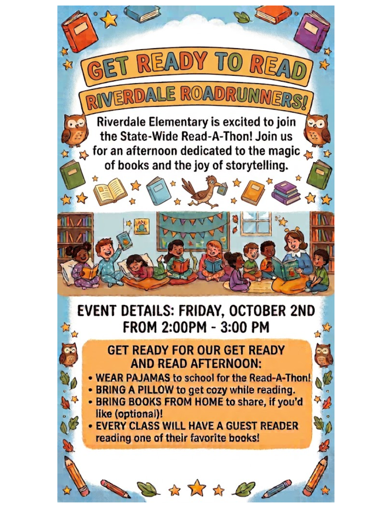 Flyer for Riverdale Elementary Read-A-Thon on Friday, October 2nd from 2:00 PM to 3:00 PM featuring event instructions and activities.