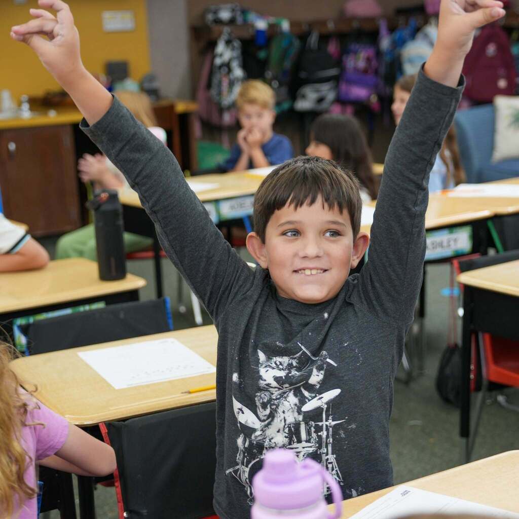 A young male student wearing a long-sleeved gray shirt with a cat graphic cheers with both arms raised high in the air while sitting at his desk in a bright classroom.