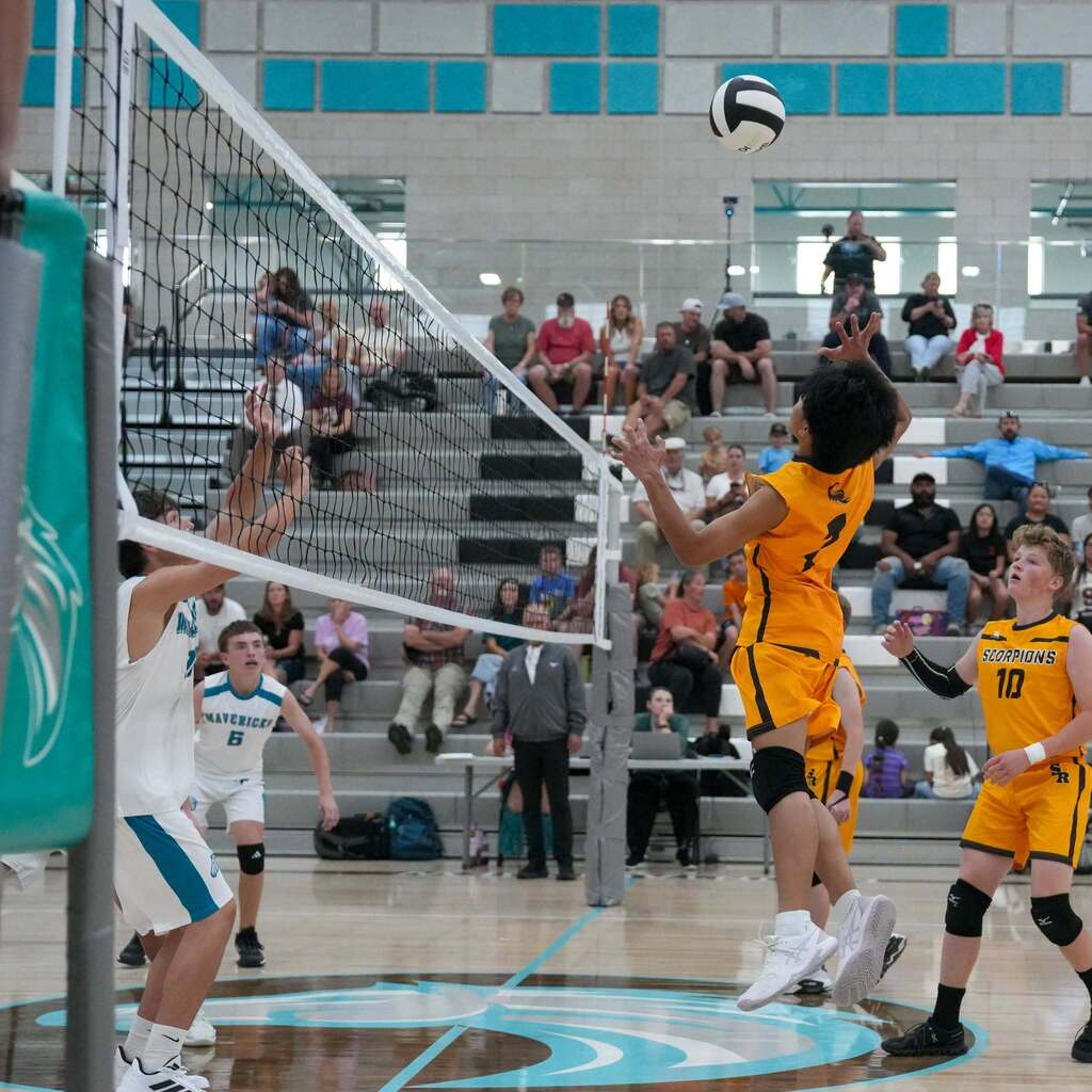 A player wearing a bright yellow Scorpions uniform jumps near the net to hit a volleyball while opponents in white Mavericks jerseys prepare to block on the opposite side of the court.