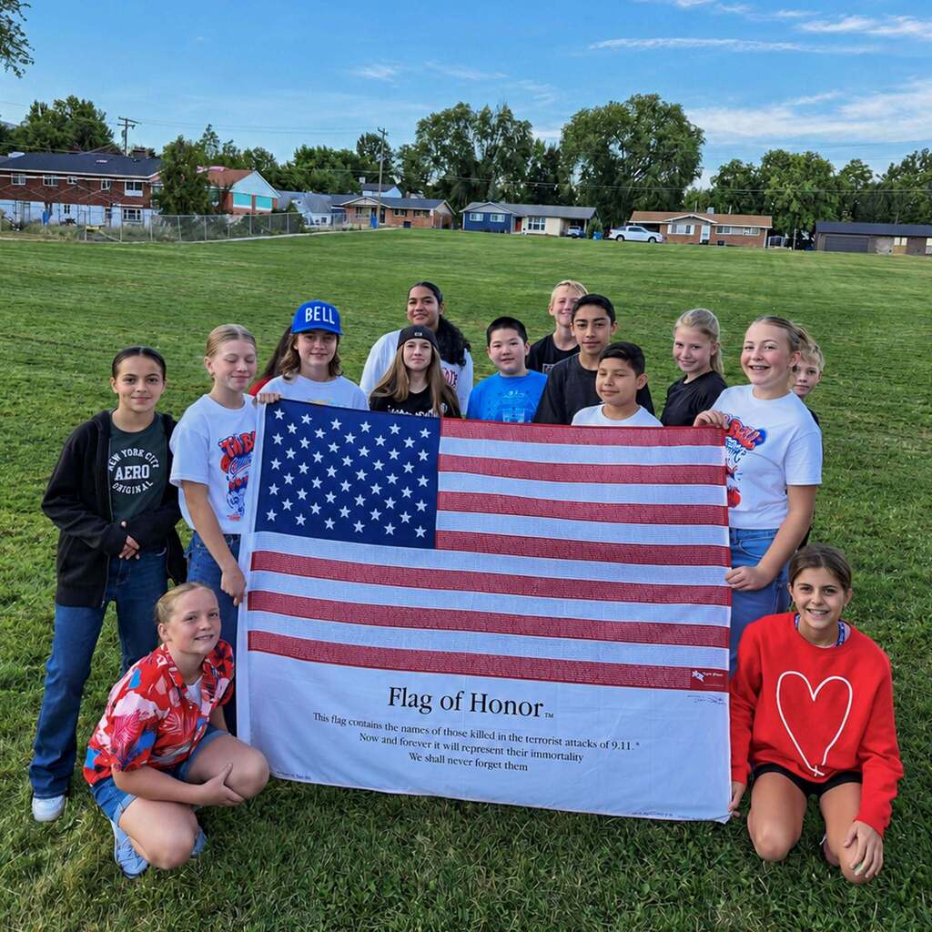 T.H. Bell Junior High students sit and stand around a large "Flag of Honor" spread out on the grass, which features the printed names of the lives lost on 9/11.