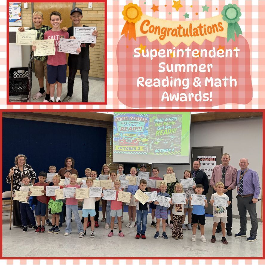 Congratulations superintendent summer reading and math awards- students with certificates