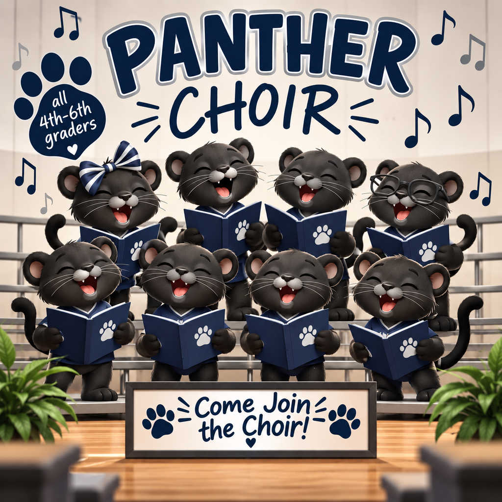 an AI generated image of little panthers singing: the writing says: panther choir, all 4th-6th graders, come join the choir