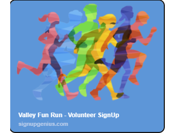 A promotional graphic set against a light blue background. It displays multiple semi-transparent silhouettes of runners in mid-stride, layered over one another in a vibrant rainbow pattern of red, green, yellow, purple, and orange with subtle wave textures inside the shapes. At the bottom, white bold text reads "Valley Fun Run - Volunteer SignUp" above the website link "signupgenius.com".