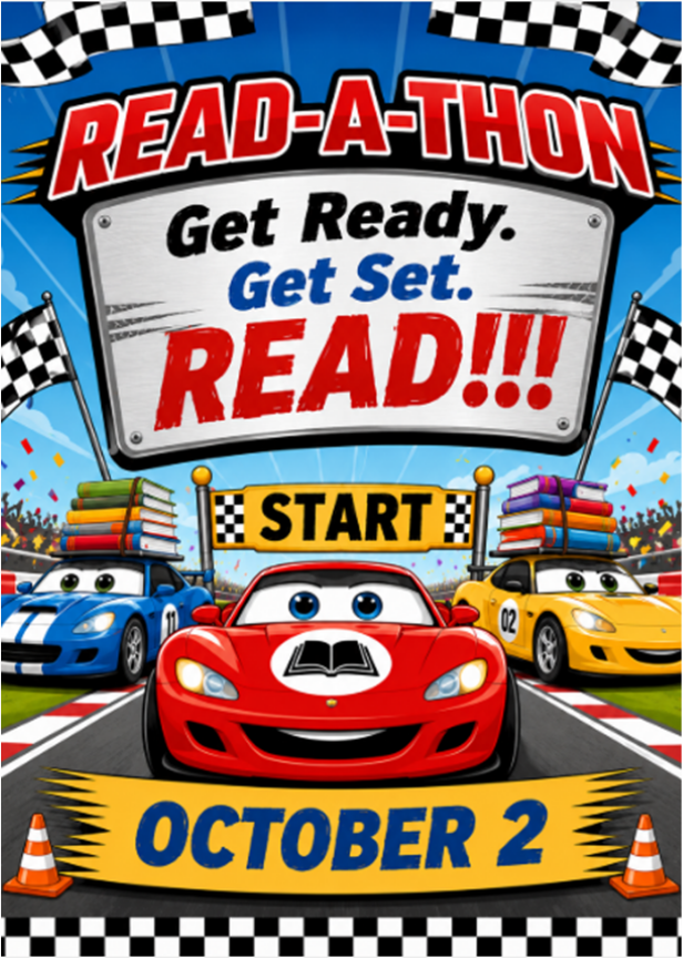 A colorful event poster with a race car theme featuring the title "READ-A-THON: Get Ready. Get Set. READ!!!" in large red and blue text across a license plate graphic. Below, three animated race cars with friendly eyes (a blue car, a red car with an open book decal on the hood, and a yellow car) line up at a race track finish line labeled "START." The blue and yellow cars carry stacks of colorful books on their roofs. A yellow banner at the bottom displays the event date: "OCTOBER 2." Cheered-on grandstands, checkered flags, and orange traffic cones frame the scene.
