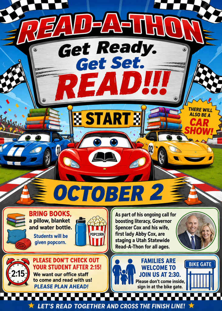 A detailed event flyer for the Read-A-Thon on October 2, featuring a race car graphic at the top with three animated cars stacked with books and a banner reading "THERE WILL ALSO BE A CAR SHOW!"  The lower half contains four info boxes:  Top Left: "BRING BOOKS, a pillow, blanket and water bottle. Students will be given popcorn." Illustrated with books, a pillow, a rolled blanket, a water bottle, and popcorn.  Top Right: A portrait photo of Utah Governor Spencer Cox and First Lady Abby Cox, with text explaining they are staging a Utah Statewide Read-A-Thon for all ages.  Bottom Left: An alarm clock set to 2:15 with the warning: "PLEASE DON'T CHECK OUT YOUR STUDENT AFTER 2:15! We want our office staff to come and read with us! PLEASE PLAN AHEAD!"  Bottom Right: An icon of a family and a bike gate graphic reading: "FAMILIES ARE WELCOME TO JOIN US AT 2:30. Please don't come inside, sign in at the bike gate."  A bottom banner reads: "LET'S READ TOGETHER AND CROSS THE FINISH LINE!"