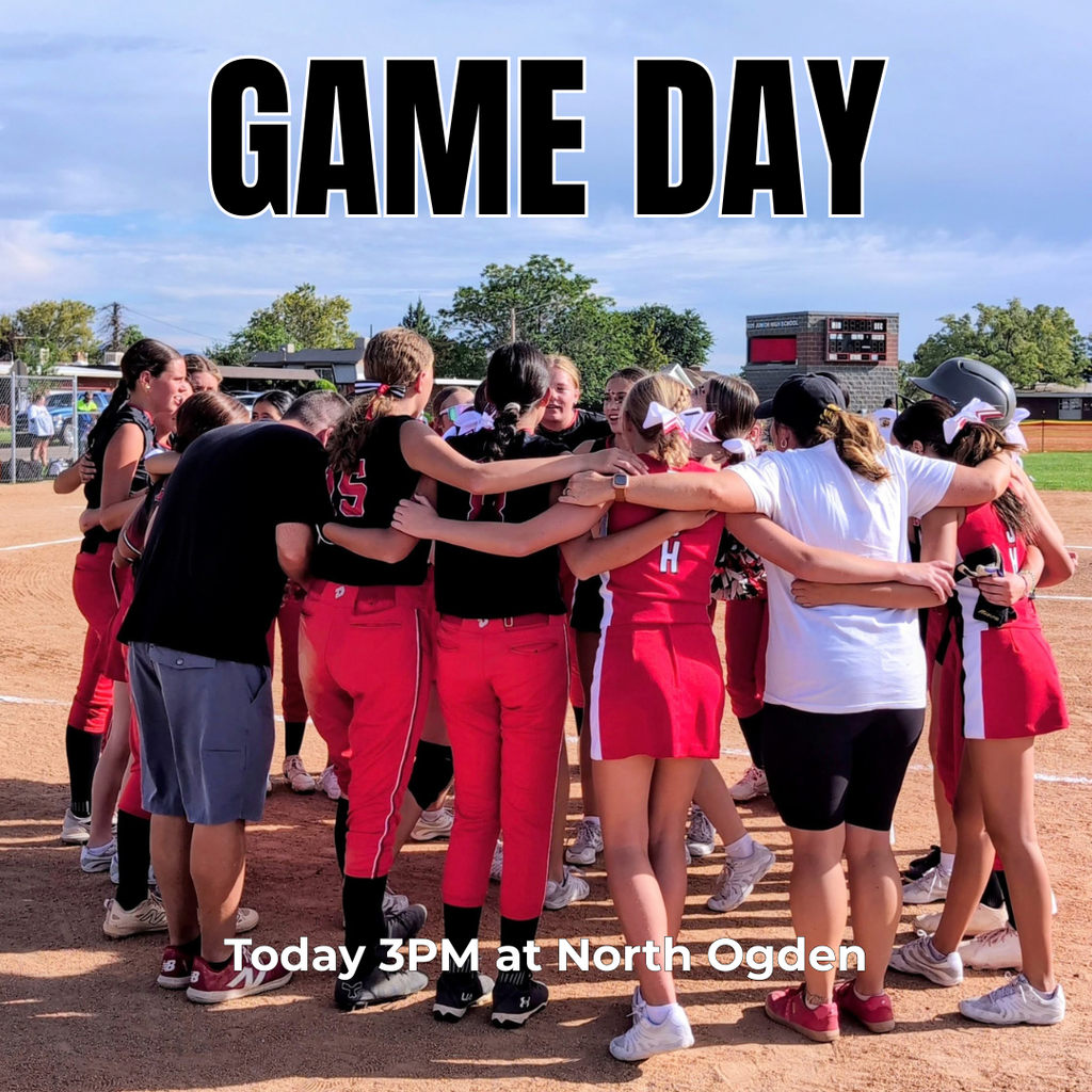 photograph of the roy jr high softball team with arms around each other. "GAME DAY. Today 3pm at North Ogden"