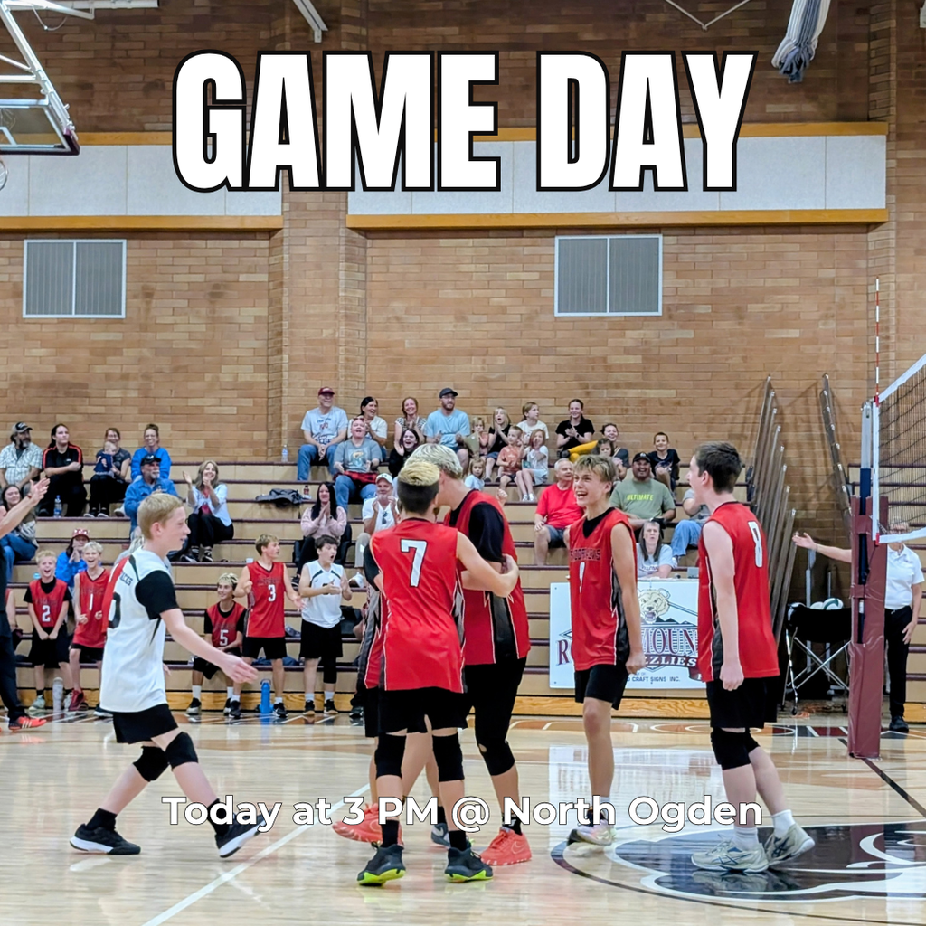 photograph of roy jr volleyball players congratuating each other during a game. " Game day. Today at 3 pm at North Ogden"