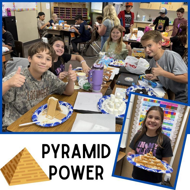 pyramid power 6th grade spotlight. students with pyramid creations out of food