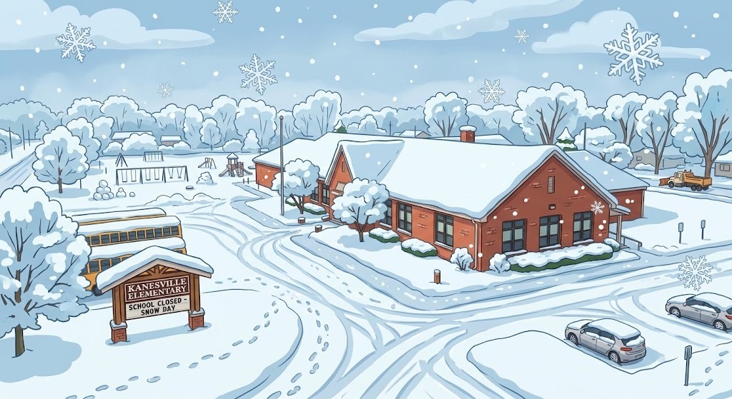 A picture of a school with snow. Sign states it is a snow day