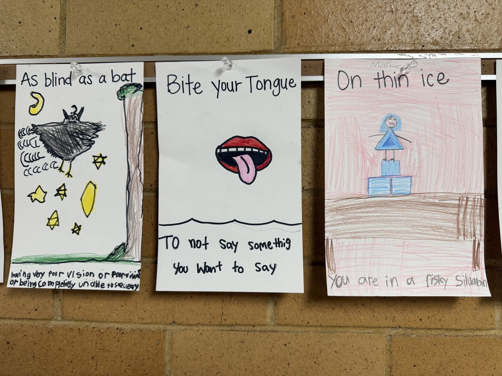 Student drawings illustrating the idioms "As blind as a bat," "Bite your Tongue," and "On thin ice." 