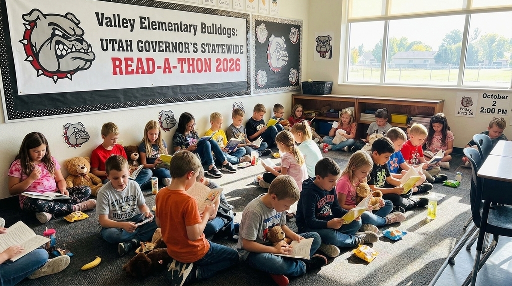 A wide-angle photograph of elementary school students sitting cross-legged on a carpeted classroom floor, quietly reading books. Many students have stuffed animals hugging their sides or sitting in their laps and small snacks placed beside them on the carpet. A large banner hanging on the classroom wall reads "Valley Elementary Bulldogs: Utah Governor's Statewide Read-a-Thon 2026," decorated with the school's bulldog mascot logo. A small sign on the wall shows the date and time: "October 2, 2:00 PM.
