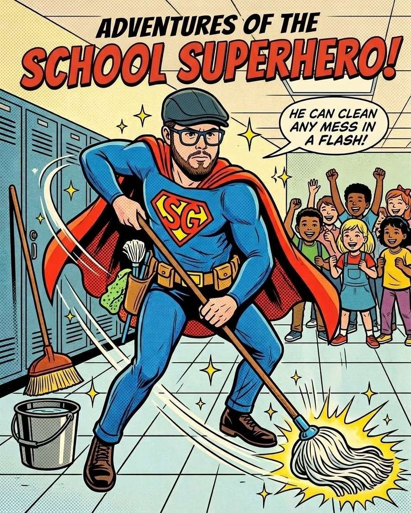 A 1950s comic book cover titled "Adventures of the School Superhero!" featuring a male custodian wearing a cap, glasses, and a blue superhero suit with a cape, sweeping a sparkling clean hallway while cheering elementary students look on.