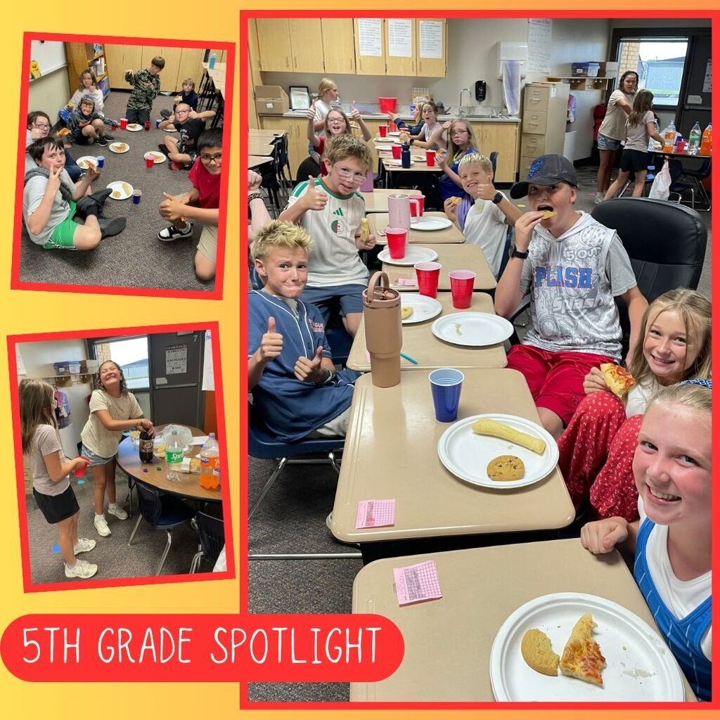 5th Grade Spotlight students eating pizza in classroom