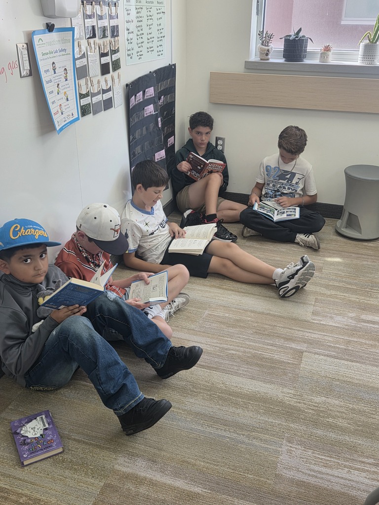 Four boys sitting on the classroom floor against walls reading books. Visible text includes "Sensible Lab Safety" and "g gas" on wall posters, "Chargers" on a blue hat, "MY LIFE AS A" on a book cover, "HISTORY MYSTERIES" on a book cover, and "92 TEAM" on a white shirt