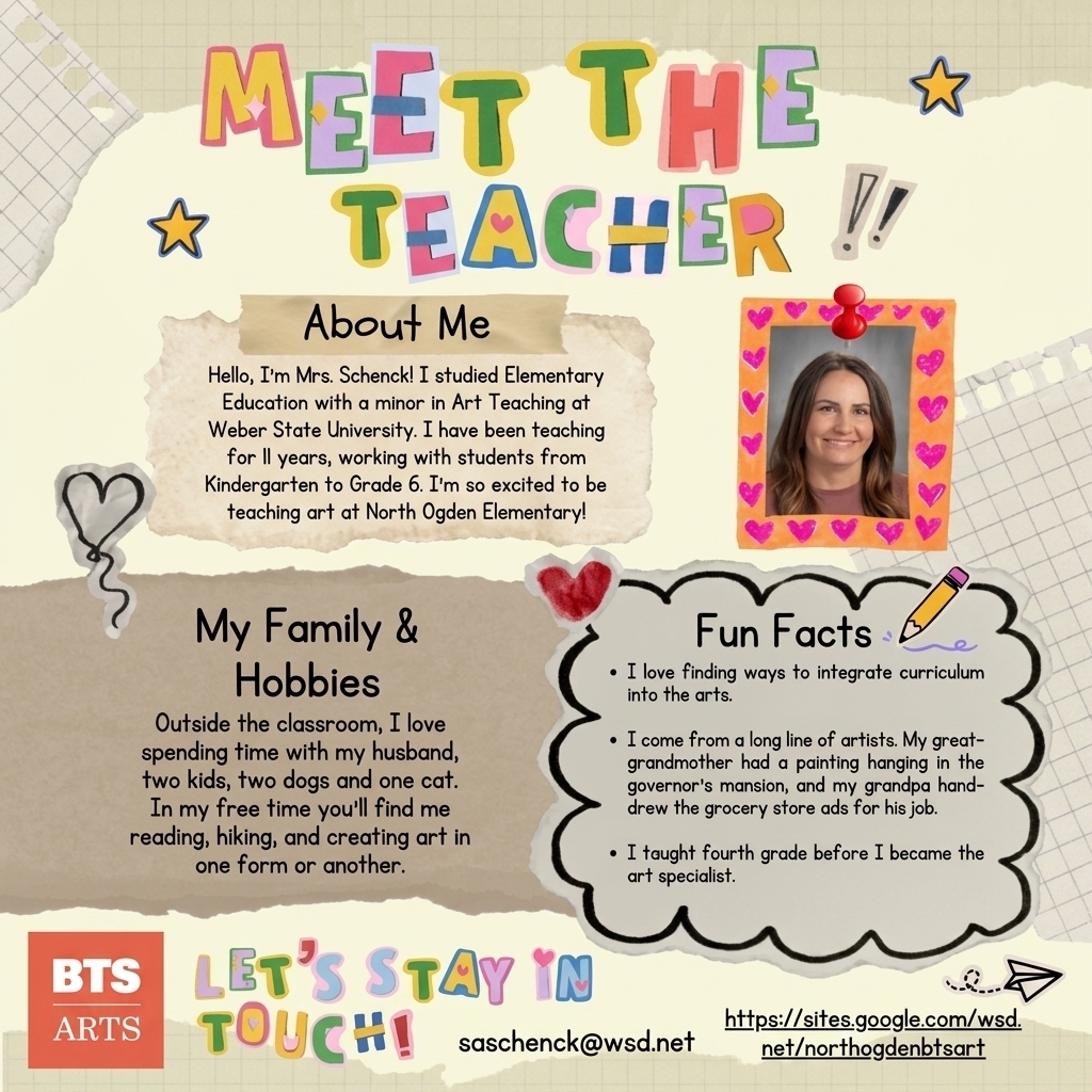 A "Meet the Teacher" introductory flyer for Mrs. Schenck, the art specialist at North Ogden Elementary. Designed like a scrapbook page, it includes a photo of Mrs. Schenck alongside sections detailing her background, family, fun facts, and contact details.