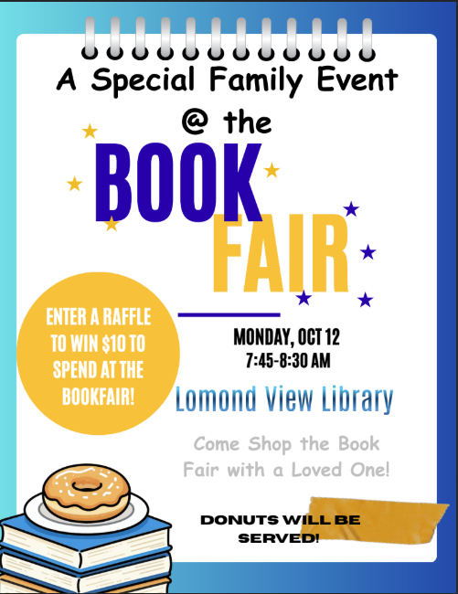 Flyer for a special family event at the Lomond View Library Book Fair on Monday, Oct 12, from 7:45–8:30 AM, featuring donuts, books, and a $10 raffle 