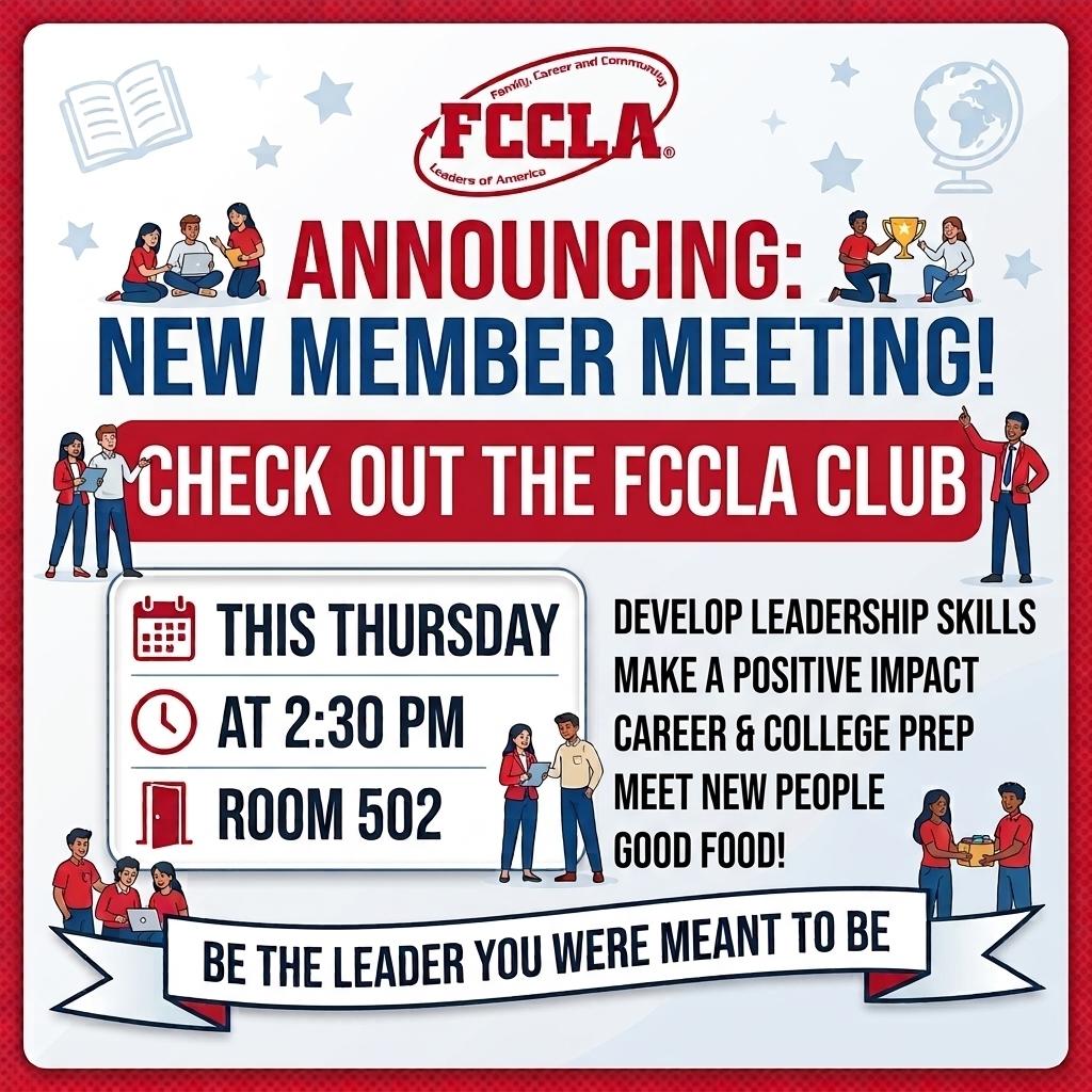 Come check out the FCCLA club this Thursday at 2:30 pm in room 502.  Good Food!