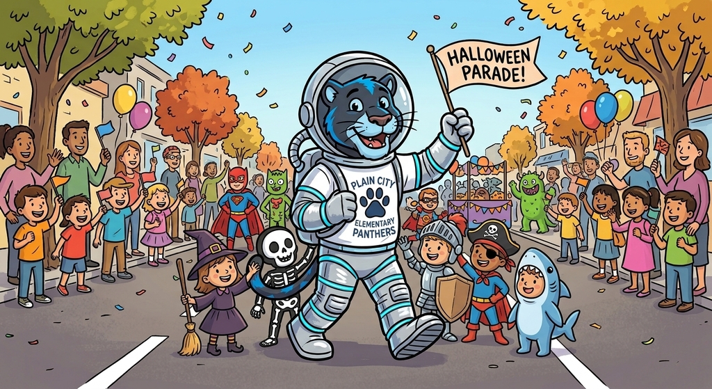 Cartoon illustration of Plain City Elementary’s Panther mascot dressed as an astronaut leading a lively Halloween parade down a street. The Panther wears a silver space suit with a blue-and-black paw print emblem and holds a "Halloween Parade!" flag. Surrounding the mascot are smiling elementary students in friendly costumes, including a witch, skeleton, knight, pirate superhero, and shark, while cheering families and students line the sidewalk under vibrant autumn trees.