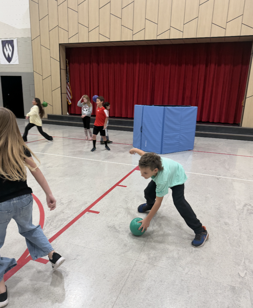 students playing a game with balls in PE