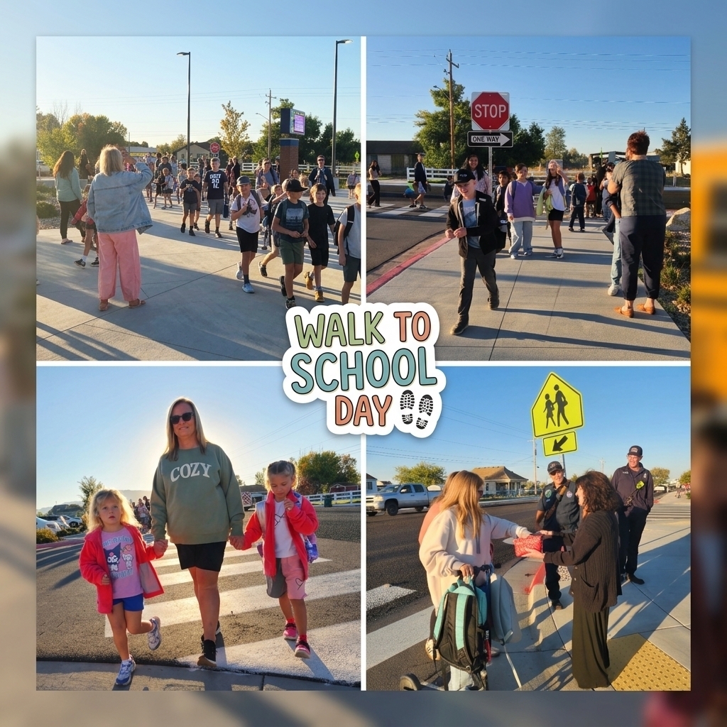 A collage of four photos from Walk and Roll to School Day