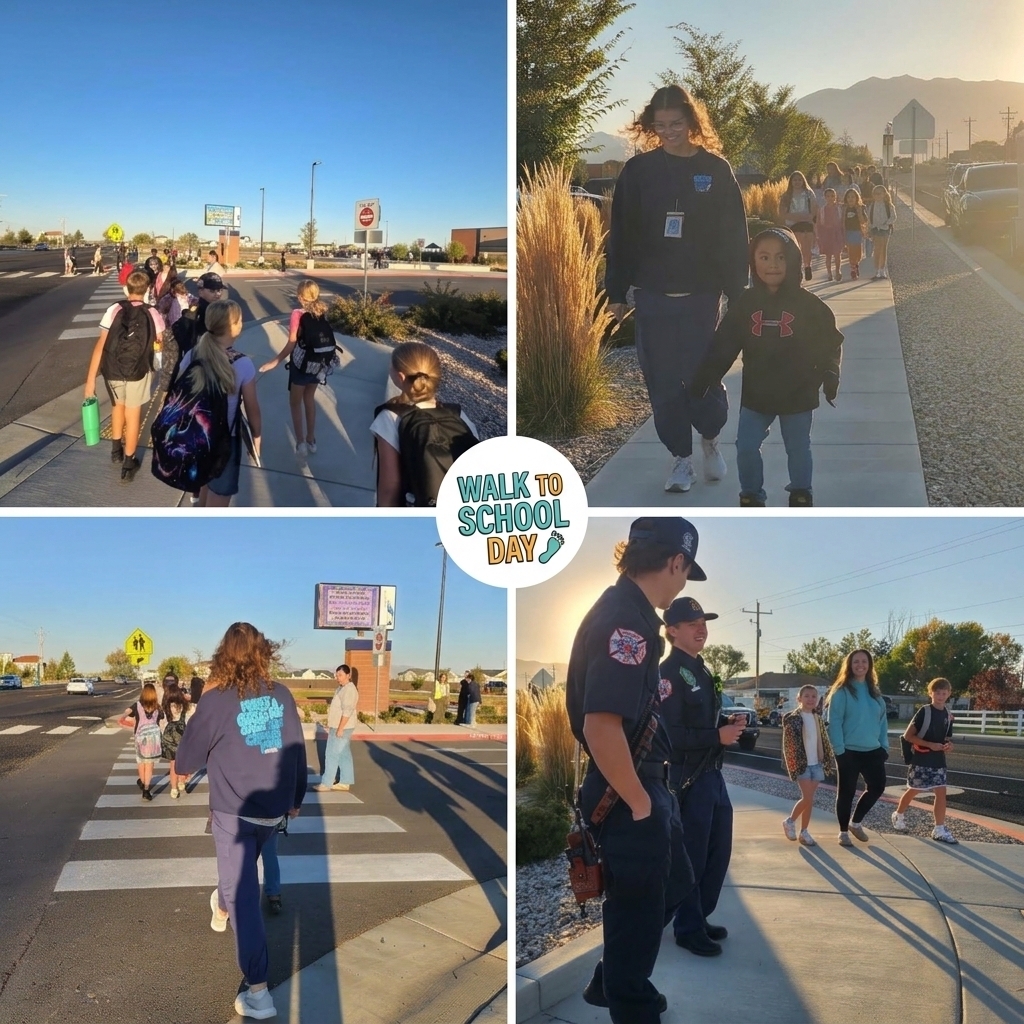 A collage of four photos from Walk and Roll to School Day