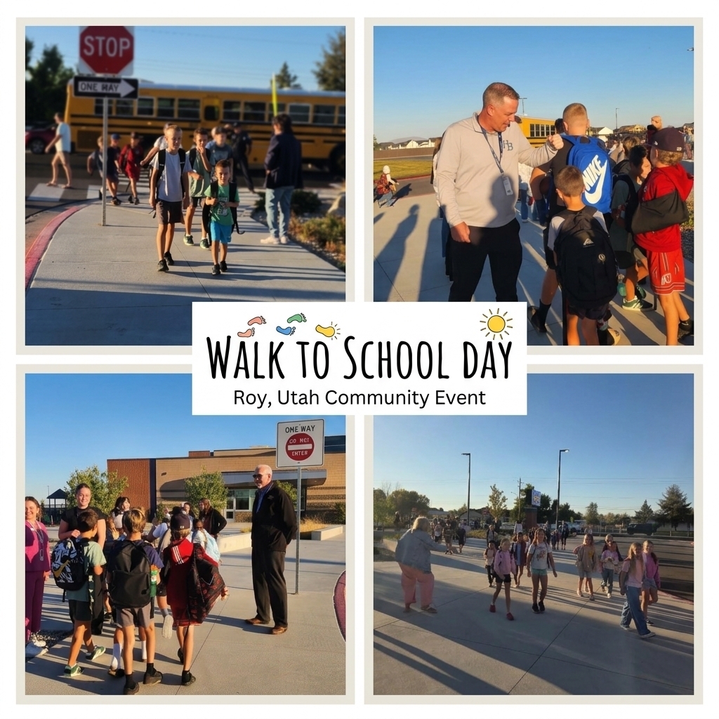 A collage of four photos from Walk and Roll to School Day