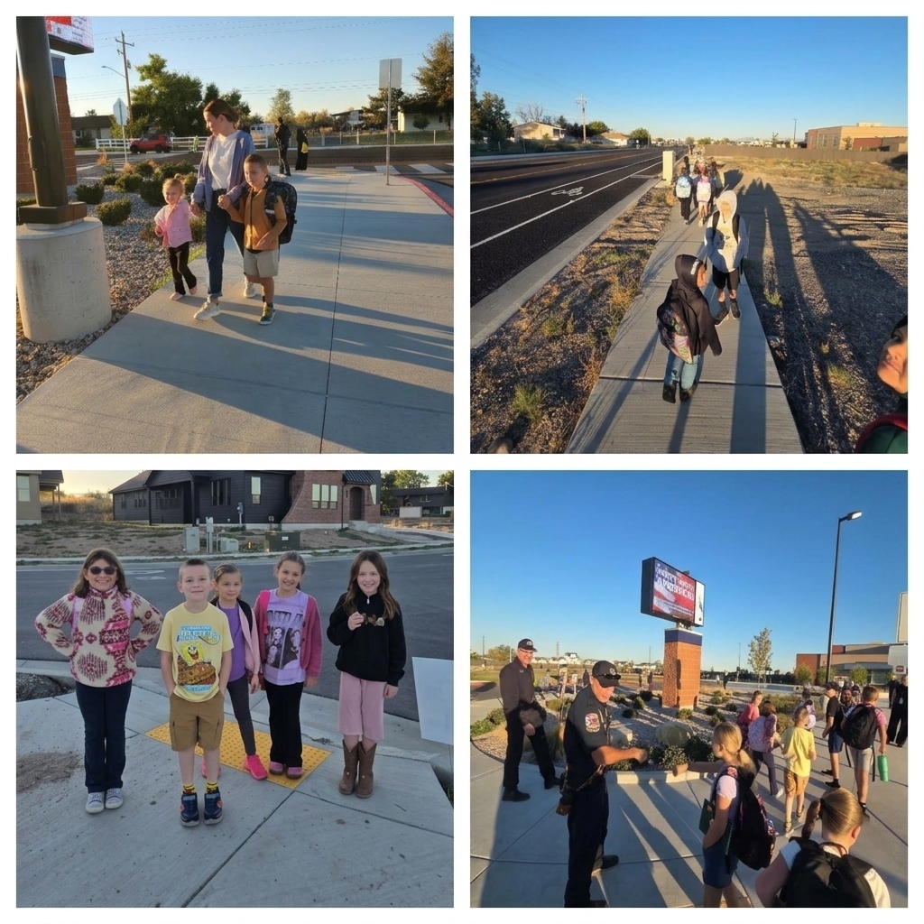 A collage of four photos from Walk and Roll to School Day