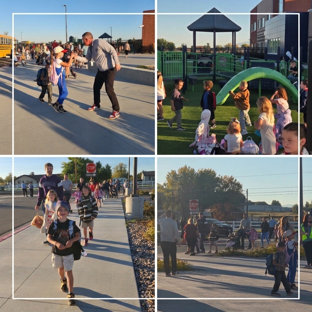 A collage of four photos from Walk and Roll to School Day