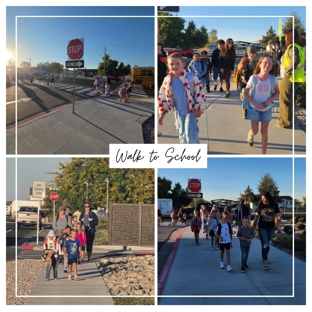 A collage of four photos from Walk and Roll to School Day