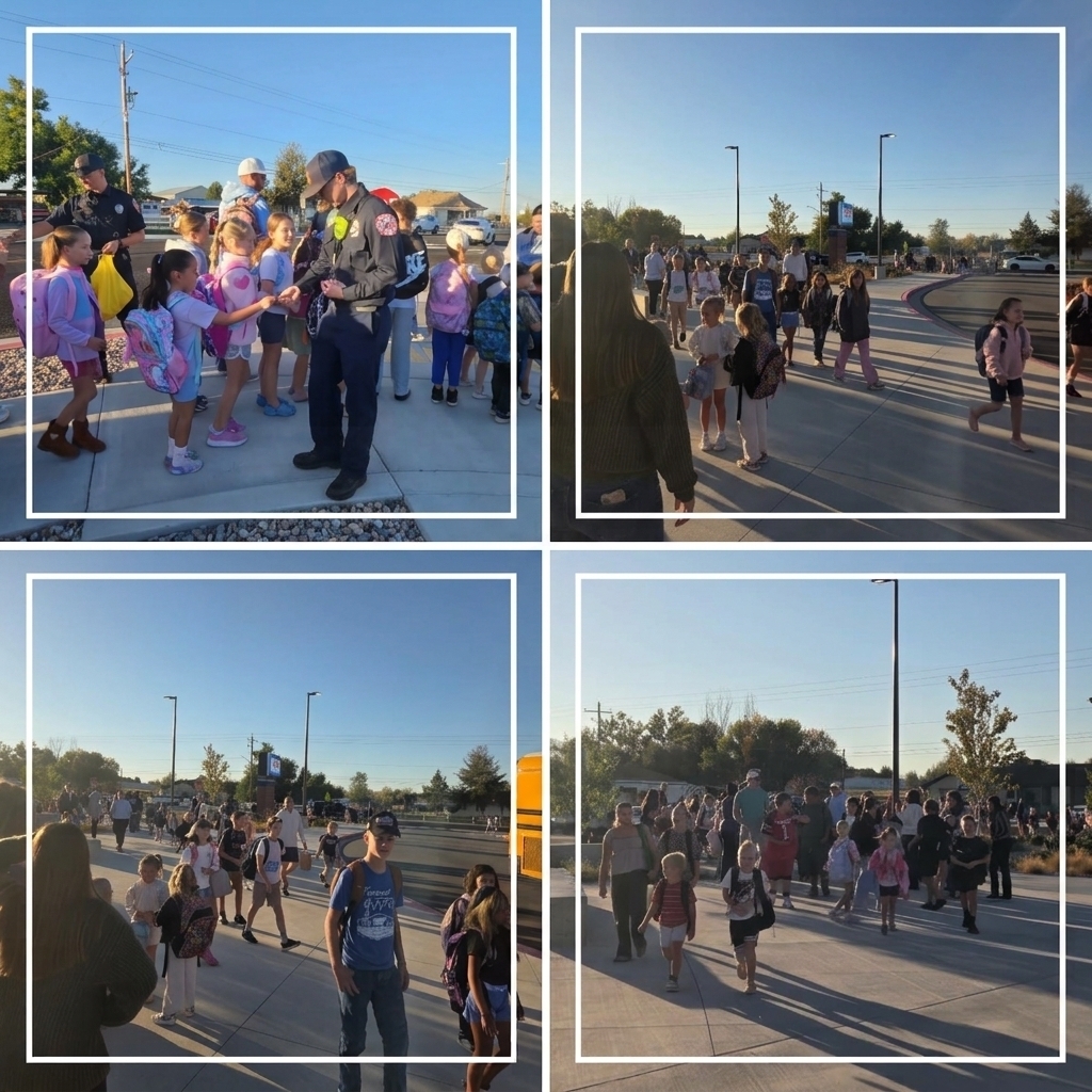 A collage of four photos from Walk and Roll to School Day