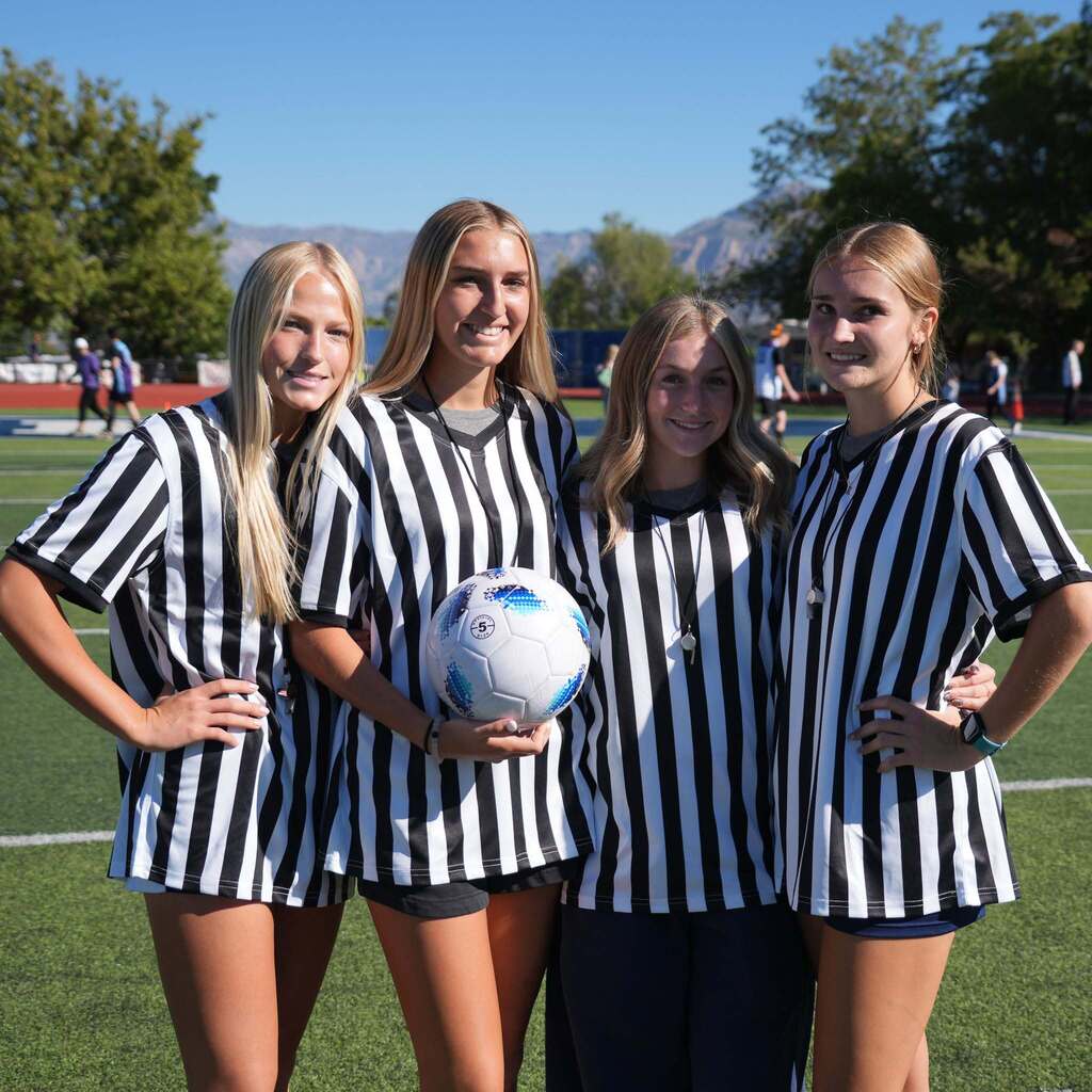 Image 9: Four student volunteer referees in black-and-white striped shirts posing together on the field while one holds a soccer ball.